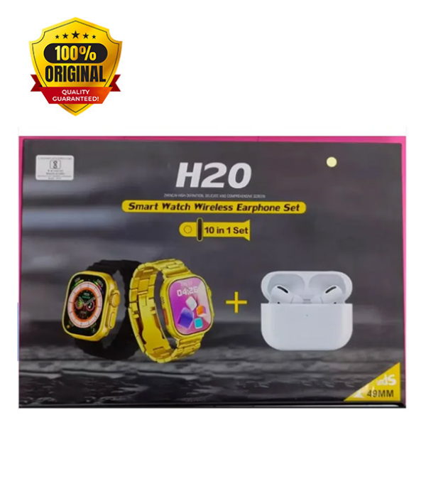 H20 Ultra Smart Watch 10 in 1 Set Limited Gold Edition With Free Airpods and Gold Steel Chain Strap