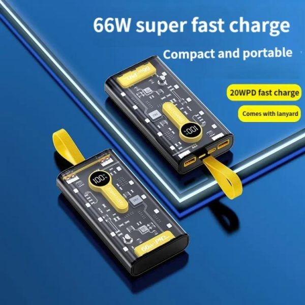 Power Bank 20000mah 66W Transparent Fast Charging PD 22W External Battery Charger With 10 LED Built-in Tourch