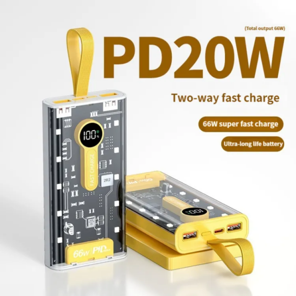 Power Bank 20000mah 66W Transparent Fast Charging PD 22W External Battery Charger With 10 LED Built-in Tourch