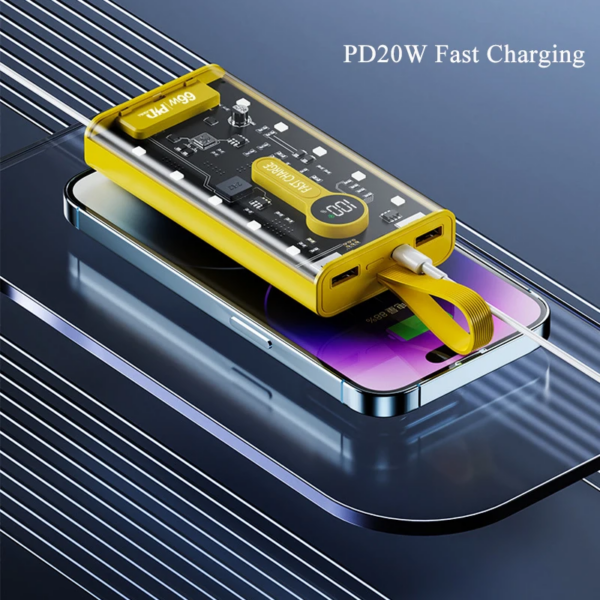 Power Bank 20000mah 66W Transparent Fast Charging PD 22W External Battery Charger With 10 LED Built-in Tourch